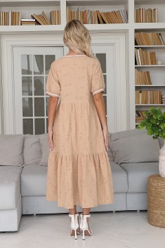 Платье свободное бежевое из хлопка с вышивкой Wisell(фото4)